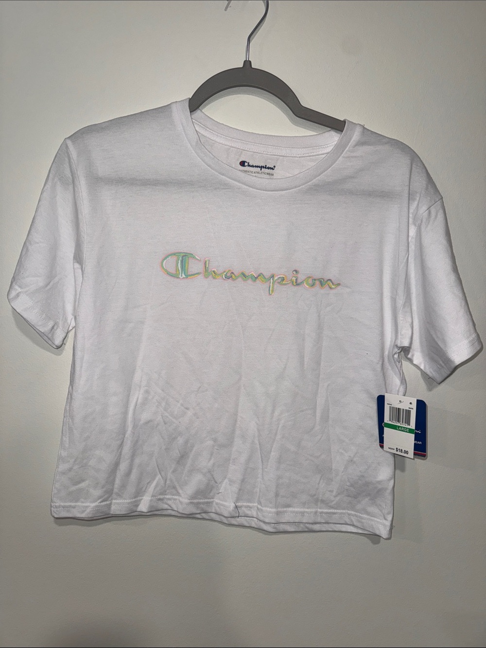 Champion White Tee with Pastel Multicolor Script Logo